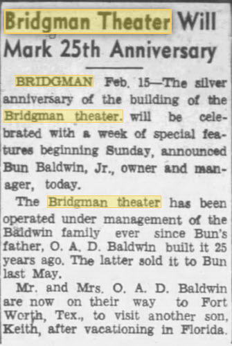 Bridgman Theatre - Feb 15 1947 Article
